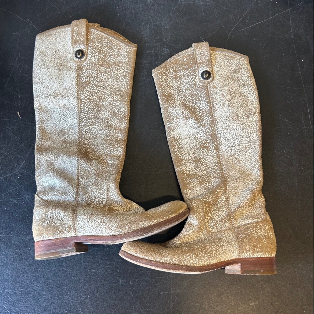 Frye Melissa Button Tall Boots Crackle Metallic Gold Leather Womens 5.5 B 76554 - Picture 2 of 16